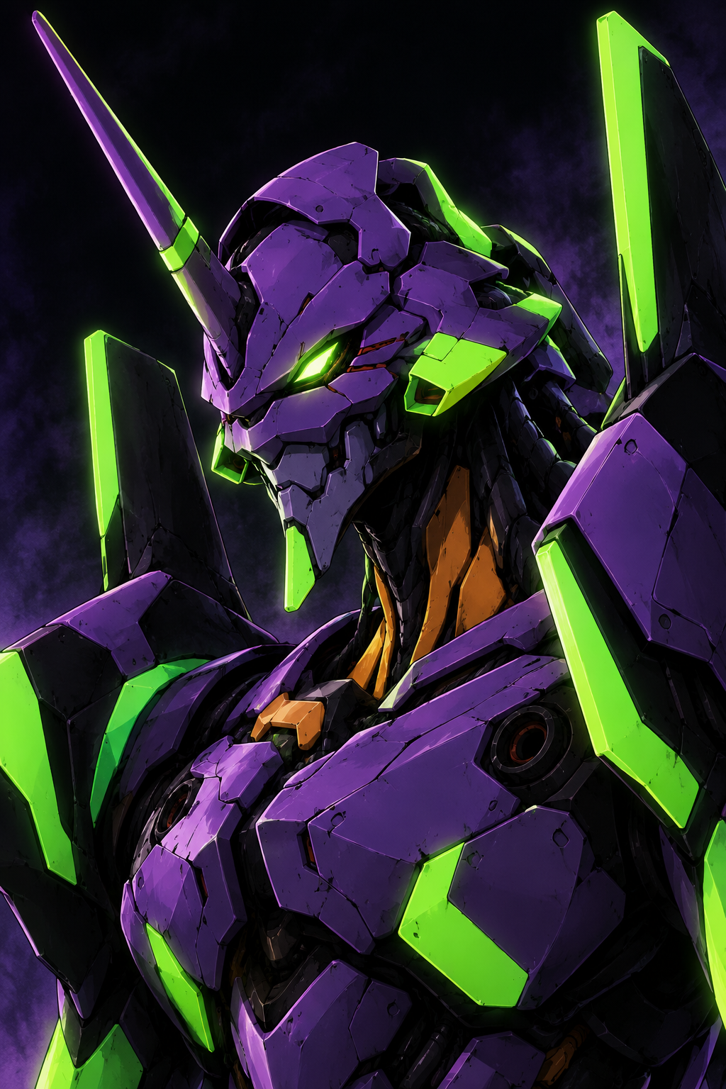 EVA-01 illustration with purple armor and acid-green accents